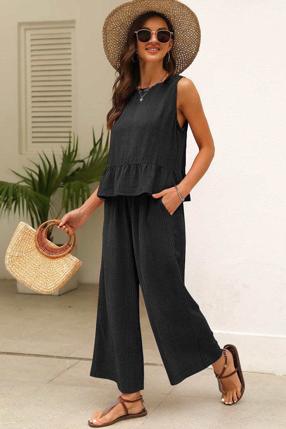 Black Solid Color Ribbed Ruffle Tank Top and Pants Set Pant Sets JT's Designer Fashion