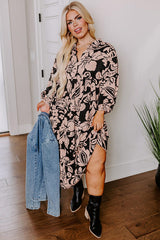 Black Plus Size Floral Printed Puff Sleeve Collared Maxi Dress Plus Size Maxi Dresses JT's Designer Fashion