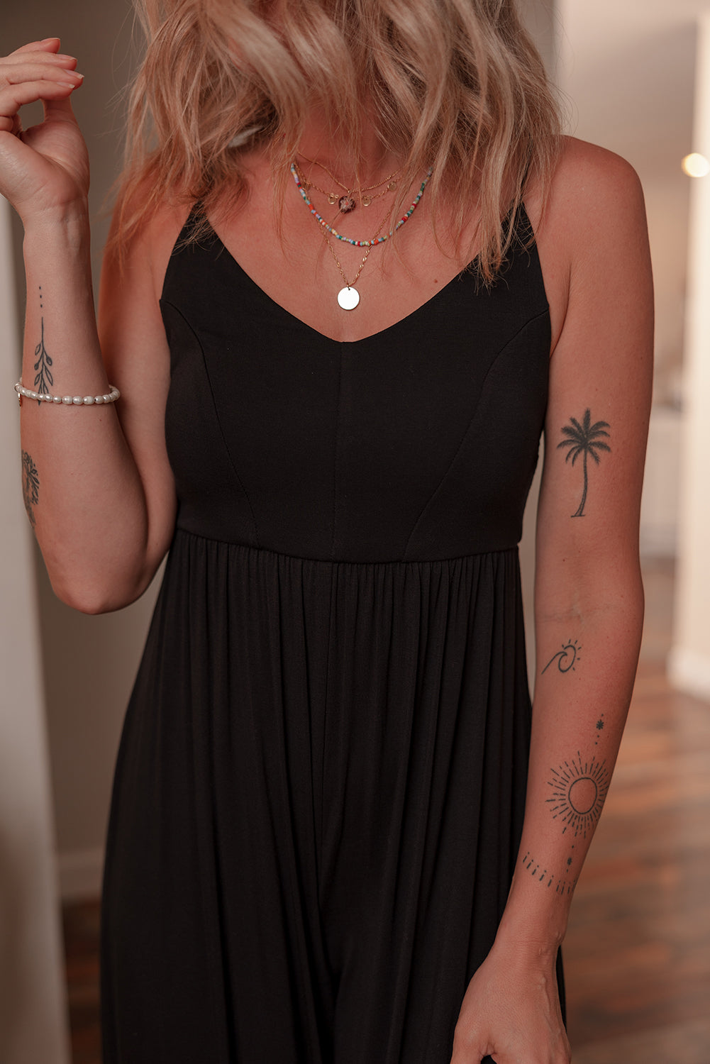 Black Spaghetti Straps Open Back Pleated Wide Leg Jumpsuit Jumpsuits & Rompers JT's Designer Fashion