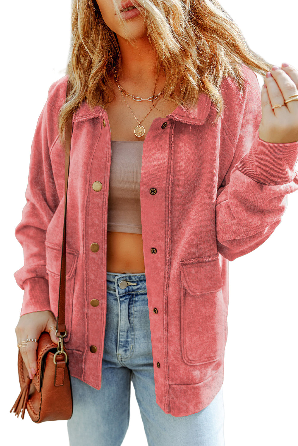 Fiery Red Vintage Washed Flap Pocket Button Shacket Jackets JT's Designer Fashion