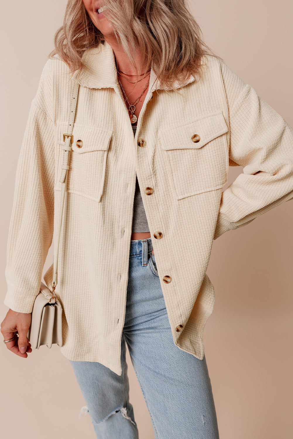 Oatmeal Corduroy Flap Pocket Button Up Shacket Oatmeal 75%Polyester+20%Viscose+5%Elastane Jackets JT's Designer Fashion