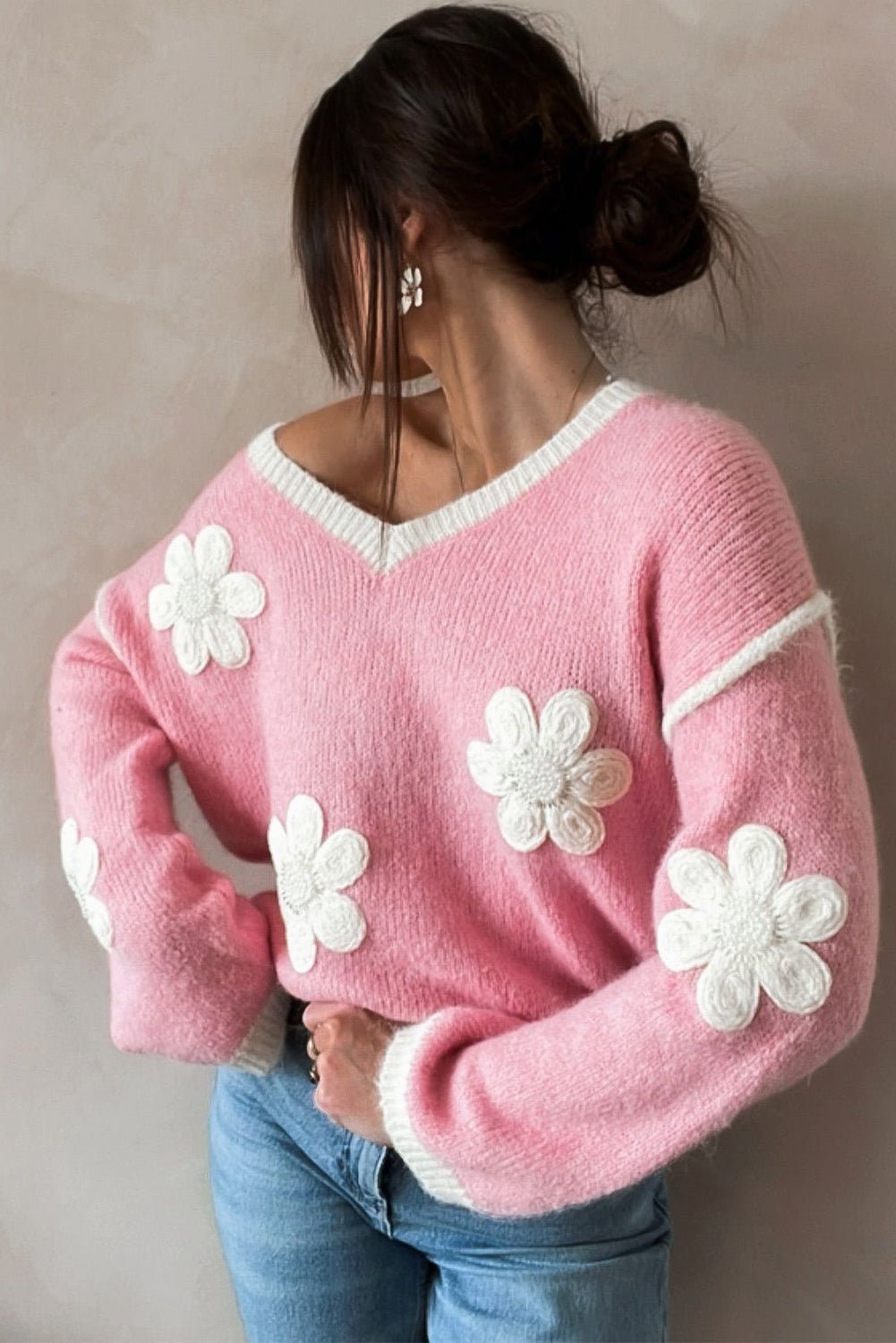 Pink Flower V Neck Dropped Shoulder Sweater Sweaters JT's Designer Fashion
