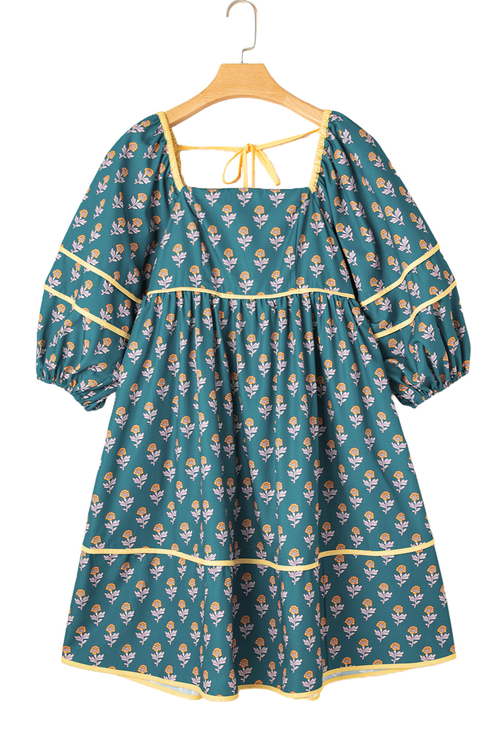 Skobeloff Floral Contrast Trim Square Neck Puff Sleeve Dress Floral Dresses JT's Designer Fashion