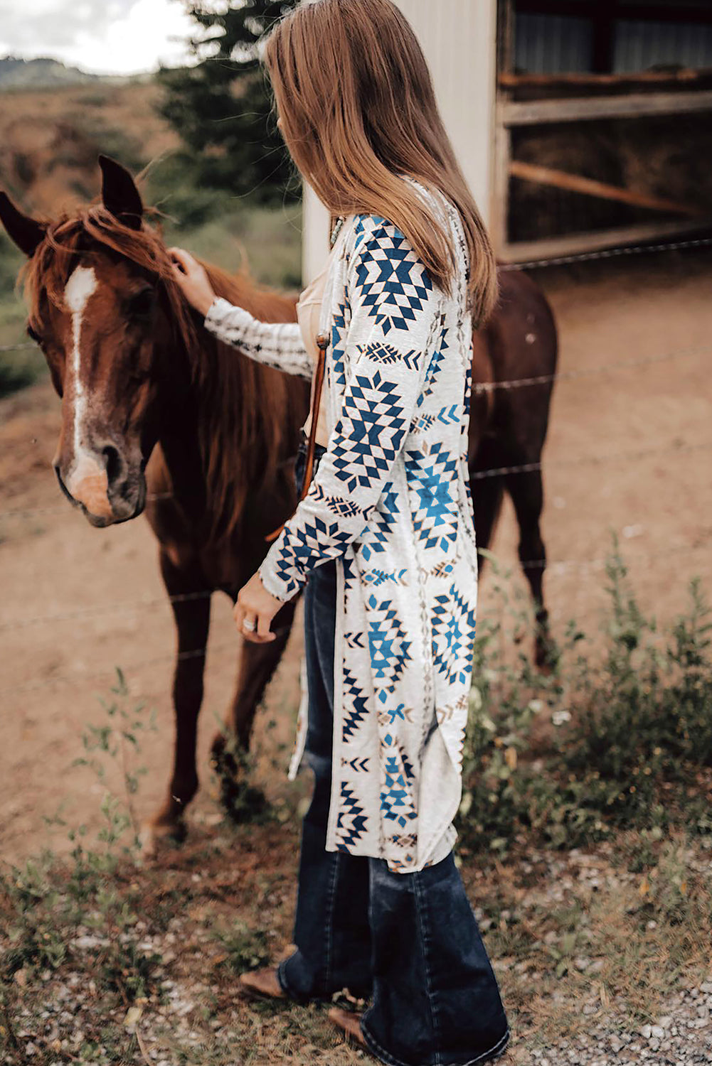 Sky Blue Western Aztec Printed Open Front Long Cardigan Cardigans JT's Designer Fashion