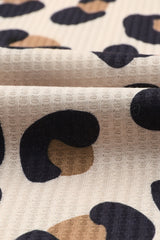 Brown Leopard Splicing Waffle Knit V Neck Top Long Sleeve Tops JT's Designer Fashion
