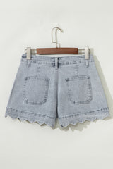 Dusk Blue Scalloped Hemline Acid Wash High Waist Denim Shorts Denim Shorts JT's Designer Fashion