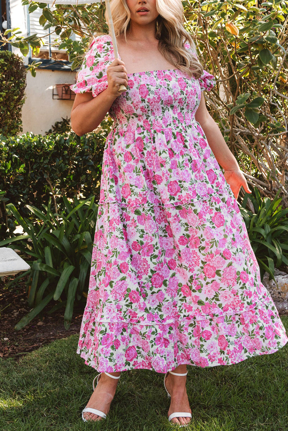 Pink Dainty Floral Smocked Puff Sleeve Flowy Long Dress Maxi Dresses JT's Designer Fashion