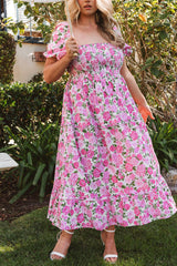 Pink Dainty Floral Smocked Puff Sleeve Flowy Long Dress Maxi Dresses JT's Designer Fashion