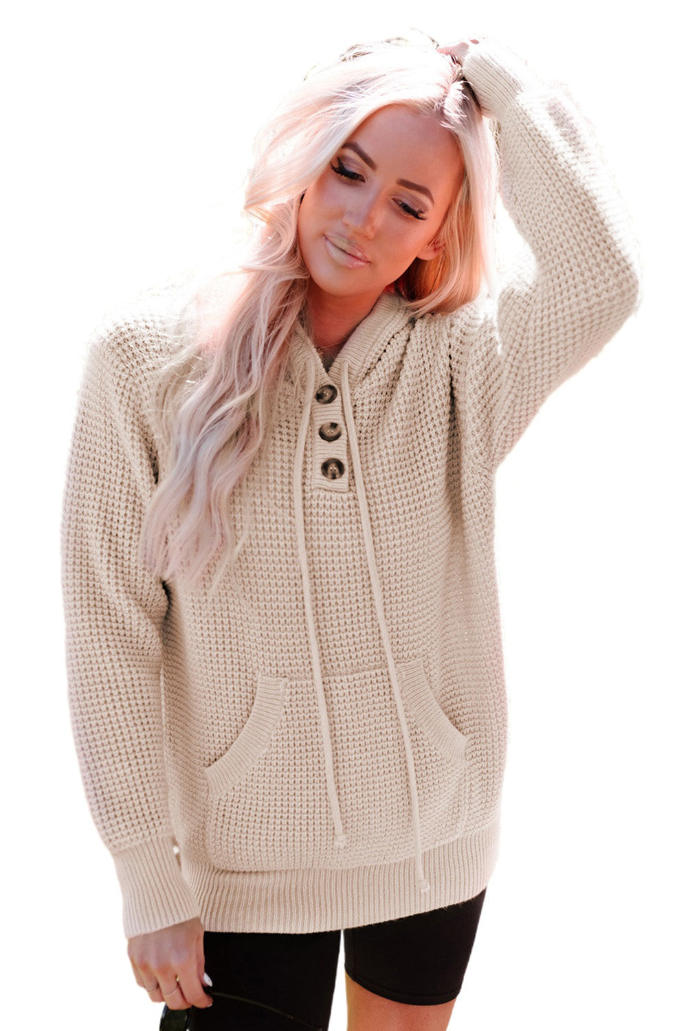 Apricot Waffle Knit Buttons Hooded Sweater with Pocket Sweaters & Cardigans JT's Designer Fashion