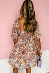 Khaki Floral Short Sleeve Square Neck Mini Dress Dresses JT's Designer Fashion