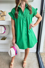 Bright Green Shirred Ruffle Sleeve Button Up Short Dress Dresses JT's Designer Fashion