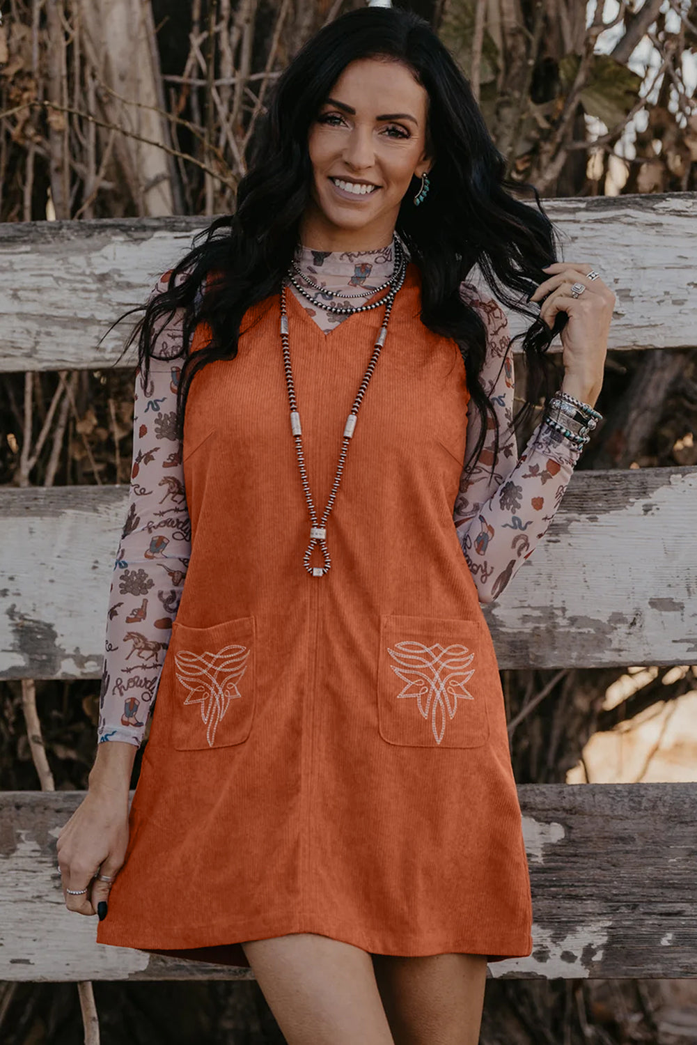Gold Flame Corduroy Western Embroidered Patched Pocket Shift Sleeveless Mini Dress Mini Dresses JT's Designer Fashion