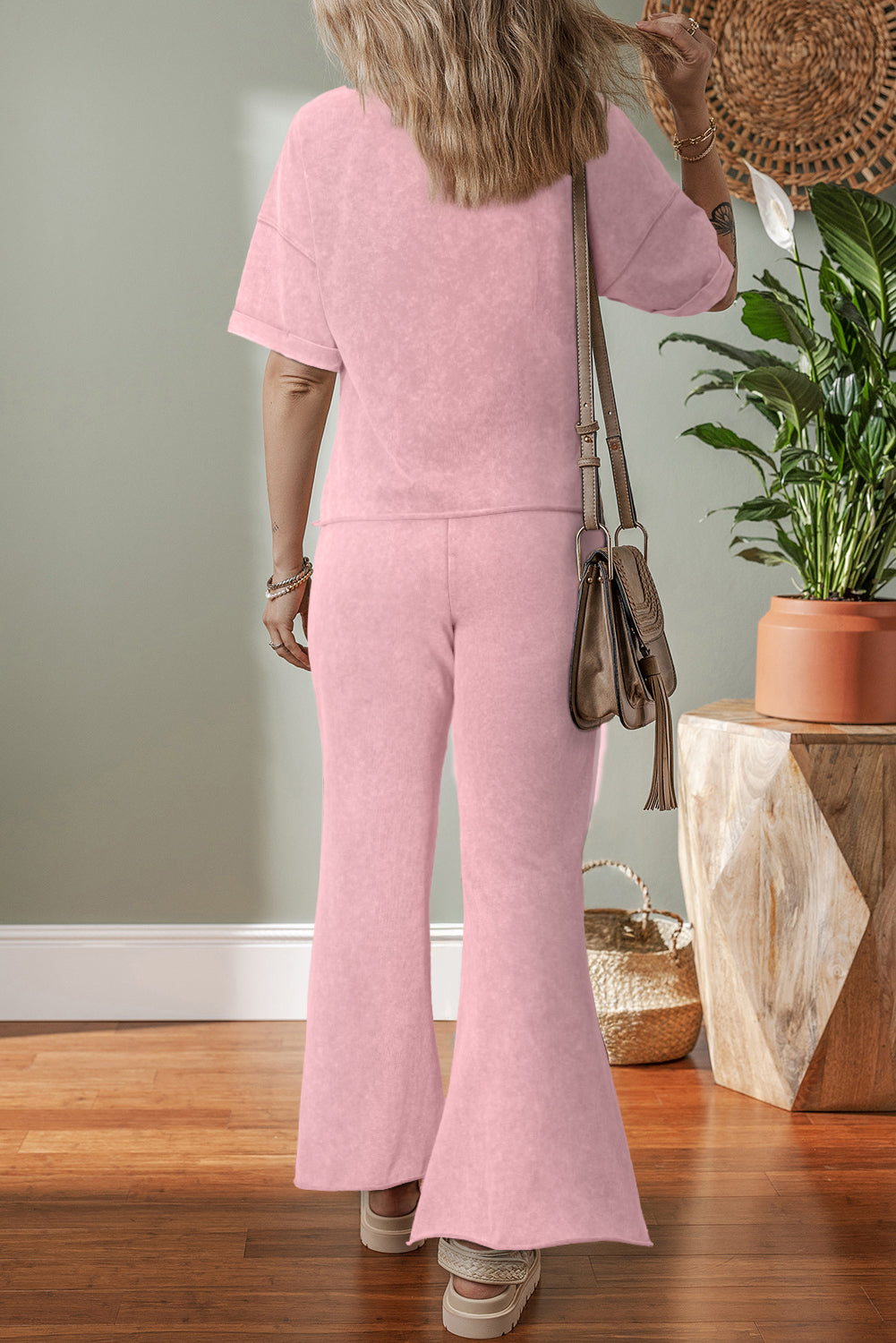 Light Pink Acid Wash Star Patched Rolled Trim Pants Set Pant Sets JT's Designer Fashion