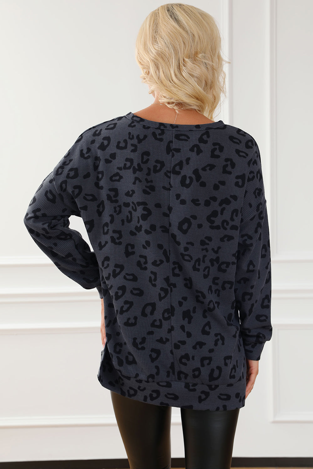 Gray Leopard Print Button Split Neck Waffle Sweatshirt Sweatshirts & Hoodies JT's Designer Fashion