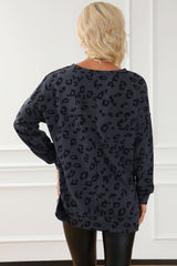 Gray Leopard Print Button Split Neck Waffle Sweatshirt Sweatshirts & Hoodies JT's Designer Fashion