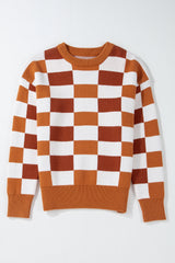 Orange Checkered Ribbed Edge O Neck Drop Shoulder Sweater Sweaters JT's Designer Fashion