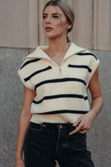 White Stripe Zipped Collar Cap Sleeve Knit Top Sweaters & Cardigans JT's Designer Fashion