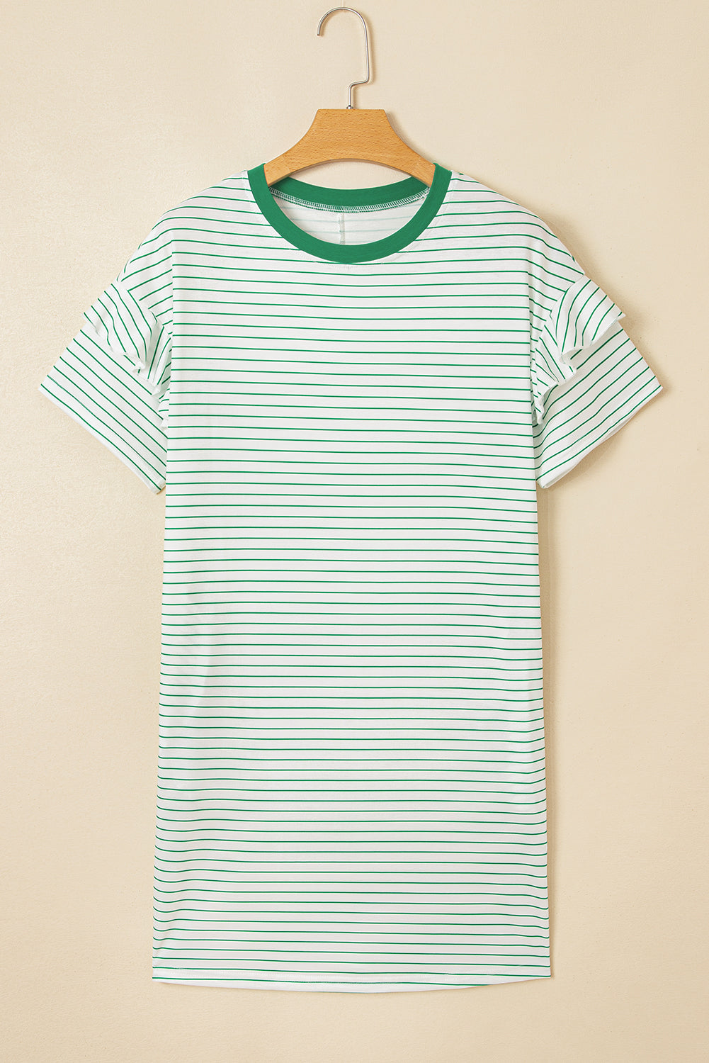 Green Stripe Ruffled Short Sleeve Crew Neck T Shirt Shift Mini Dress T Shirt Dresses JT's Designer Fashion