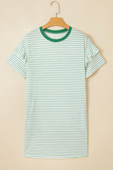 Green Stripe Ruffled Short Sleeve Crew Neck T Shirt Shift Mini Dress T Shirt Dresses JT's Designer Fashion