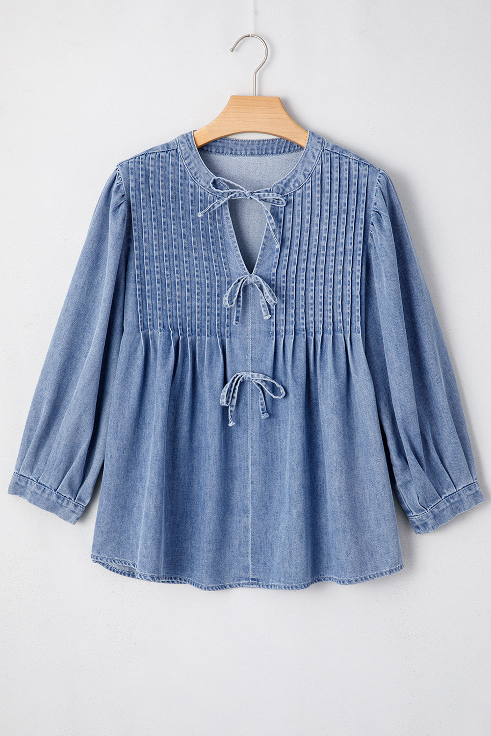 Myosotis Denim Front Pintuck Bow Tie Puff Sleeve Top Blouses & Shirts JT's Designer Fashion