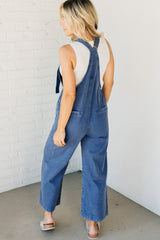 Prussian Blue Mineral Wash Knotted Strap Patched Pocket Wide Leg Denim Overalls Jumpsuits & Rompers JT's Designer Fashion