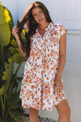 Apricot Floral Geometric Print Ruffled Trim Flutter Sleeve Mini Dress Floral Dresses JT's Designer Fashion