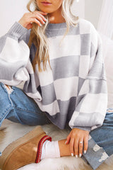 Gray Checkered Bishop Sleeve Sweater 100%Acrylic Sweaters JT's Designer Fashion