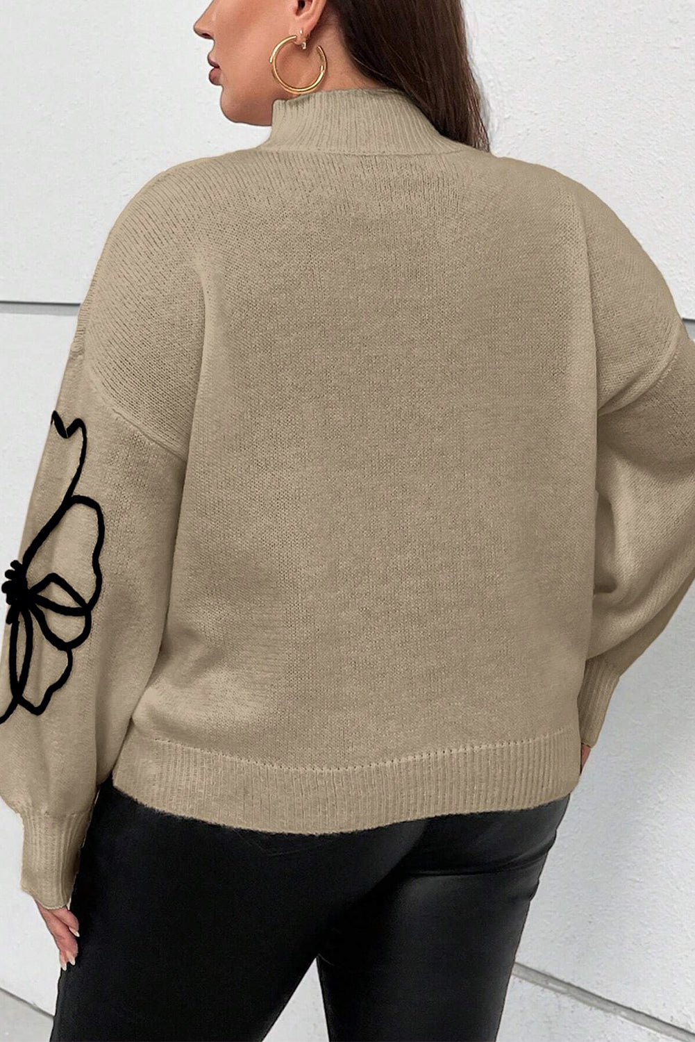 Dark Khaki Plus Size Big Flower Pattern High Neck Drop Shoulder Sweater Plus Size Sweaters & Cardigans JT's Designer Fashion