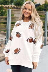 Beige Sequin Rugby Football Patched Pattern Crewneck Game Day Sweatshirt Graphic Sweatshirts JT's Designer Fashion