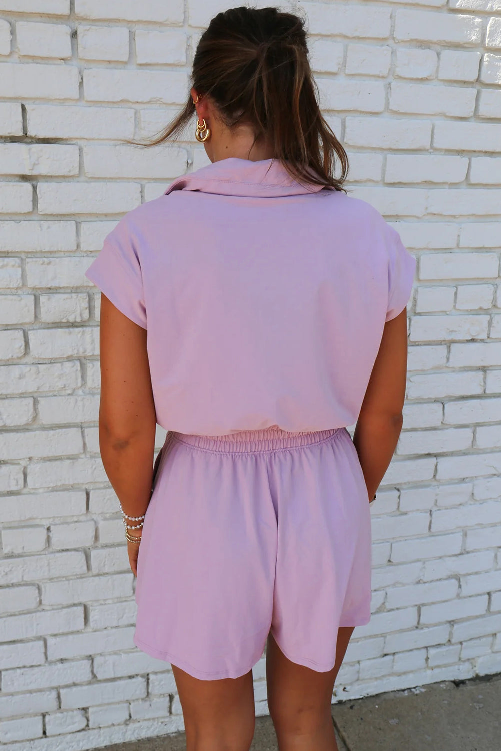 Orchid Bouquet Short Sleeve Zipper Collared Elastic High Waist Romper Jumpsuits & Rompers JT's Designer Fashion