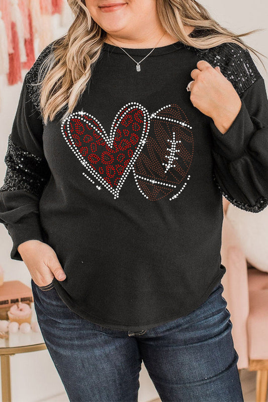 Black Rhinestone Heart Rugby Football Pattern Sequin Patched Sleeve Plus Size Top Black 90%Polyester+10%Elastane Graphic Plus Size JT's Designer Fashion