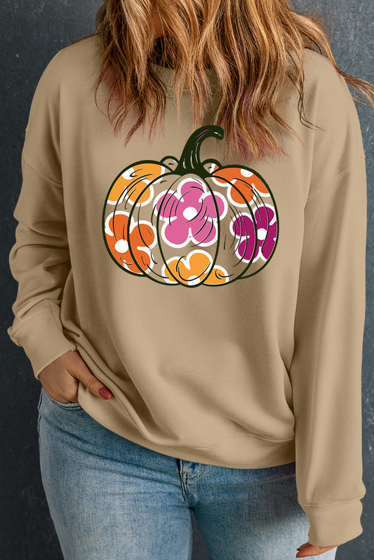 Apricot Plus Size Floral Pumpkin Print O Neck Halloween Sweatshirt Apricot 50%Polyester+50%Cotton Graphic Plus Size JT's Designer Fashion
