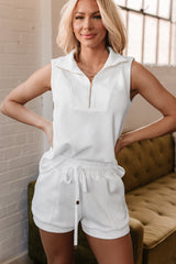 White Textured Half Zip Tank Top Drawstring Shorts Set Short Sets JT's Designer Fashion