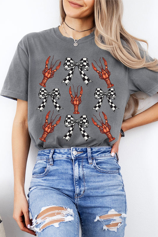 Gray Checkered Bow Crawfish Printed Summer Tee Graphic Tees JT's Designer Fashion