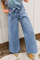 Beau Blue Western Washed Bow Knot Sash Wide Leg Jeans Jeans JT's Designer Fashion