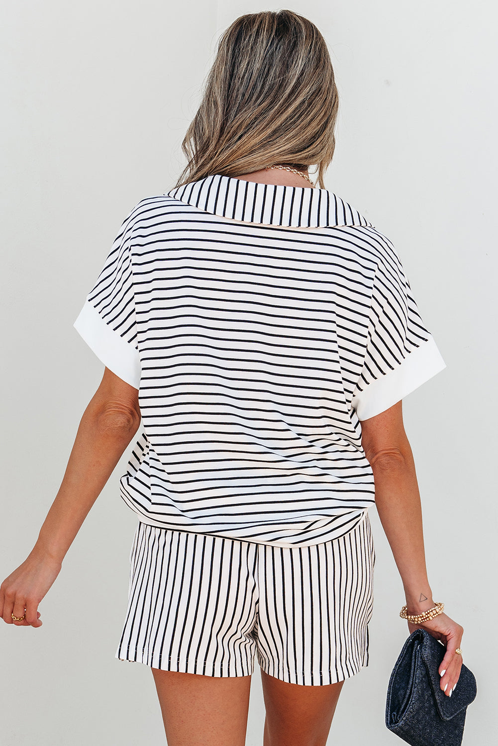 Black Stripe V Neck Tee and Casual Short Set Short Sets JT's Designer Fashion