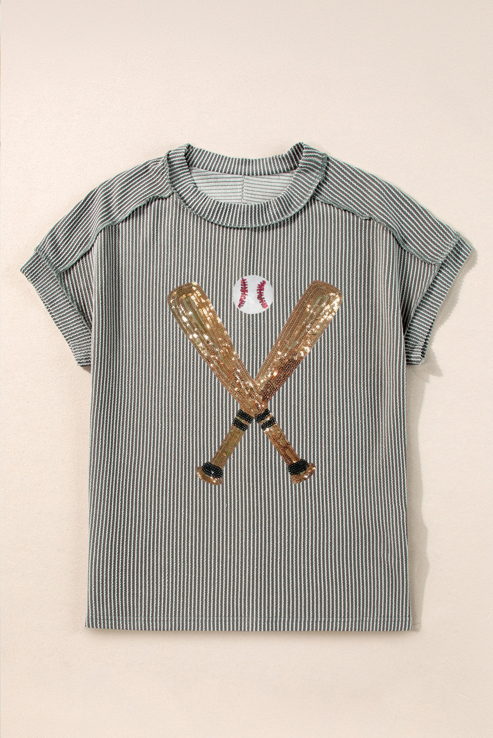 Medium Grey Sequin Baseball Pattern Ribbed Knit Crewneck T Shirt Graphic Tees JT's Designer Fashion