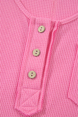 Bright Pink Waffle Textured Button Round Neck A-line Tiered Sleeveless Dress Mini Dresses JT's Designer Fashion
