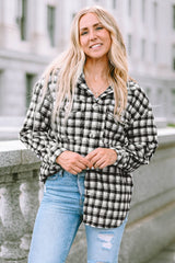 Black Plaid Print Chest Pockets Buttoned Tunic Shacket Plaid Shackets JT's Designer Fashion
