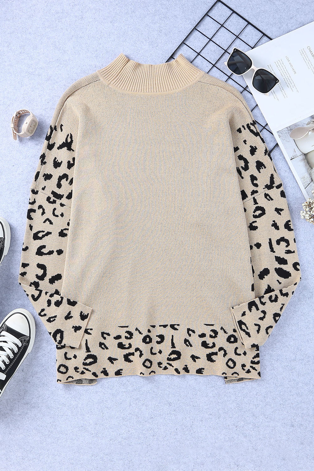 Khaki Leopard High Neck Side Slit Oversized Sweater Sweaters & Cardigans JT's Designer Fashion