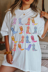 White Western Cowgirl Boots Graphic Crewneck Tunic T Shirt Graphic Tees JT's Designer Fashion