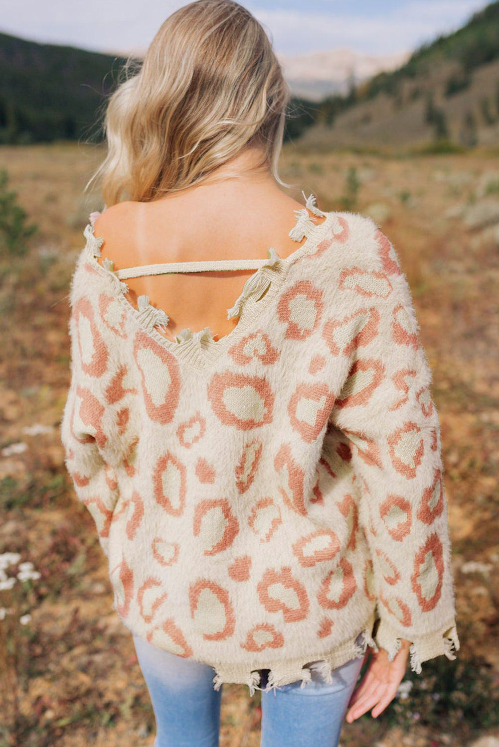 Leopard Animal Print Distressed Trim Fuzzy Sweater Sweaters & Cardigans JT's Designer Fashion