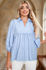 Sky Blue Stripe Shirt Collar V Neck Ricrac Trim 3/4 Puff Sleeve Blouse Blouses & Shirts JT's Designer Fashion
