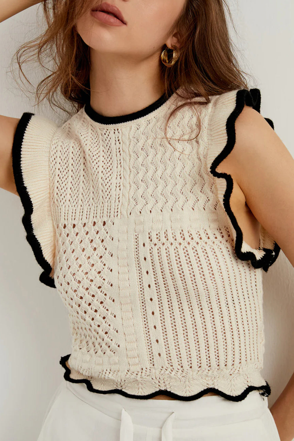 Apricot Crochet Eyelet Flounce Tank Top Sweaters & Cardigans JT's Designer Fashion