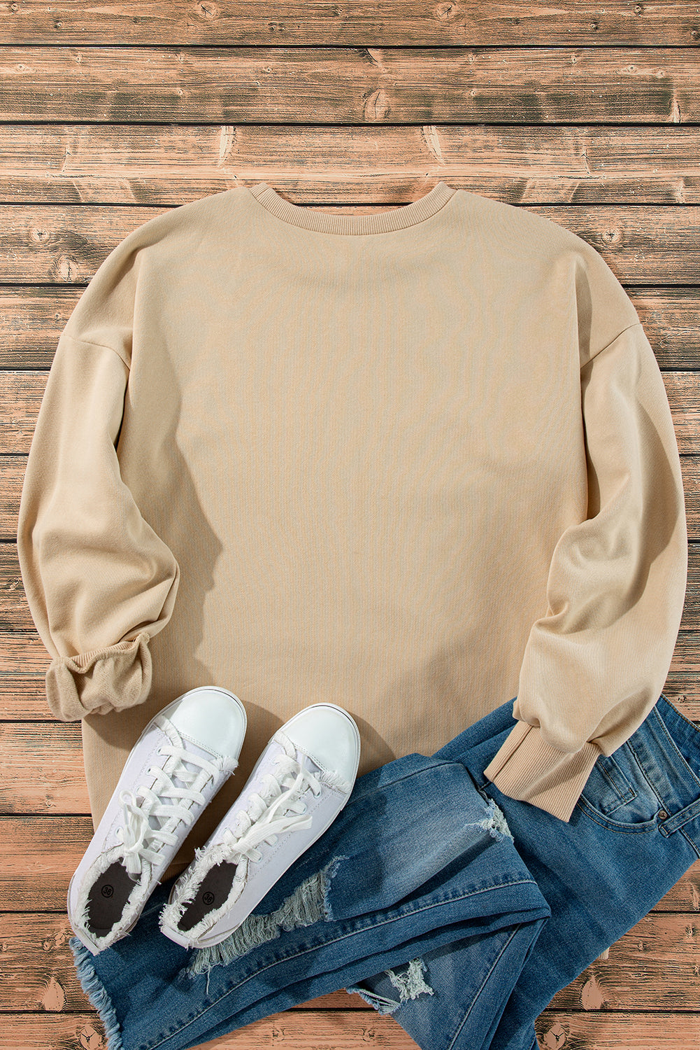 Apricot Solid Fleece Lined Drop Shoulder High Low Sweatshirt Sweatshirts & Hoodies JT's Designer Fashion