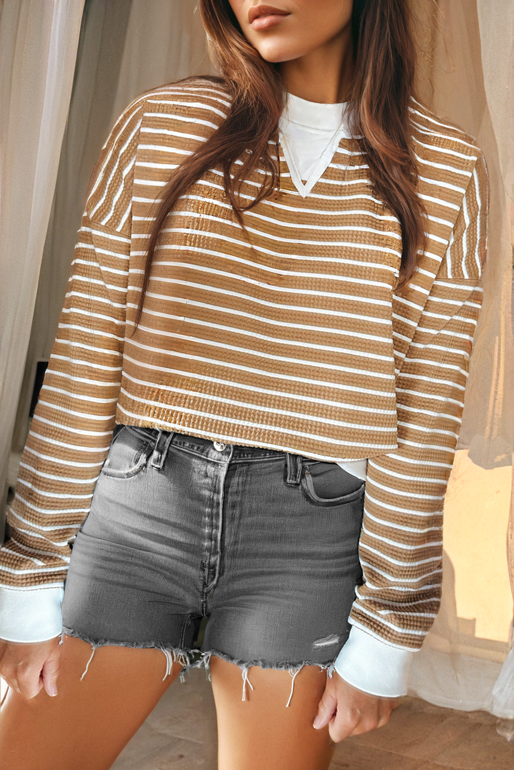Khaki Stripe Patched Edge Textured Round Neck Long Sleeve Top Long Sleeve Tops JT's Designer Fashion