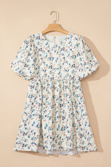Beige Floral Puff Short Sleeve Empire Waist Mini Dress Floral Dresses JT's Designer Fashion