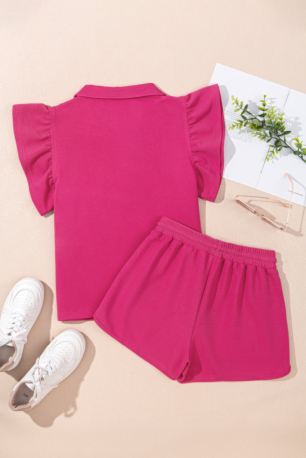 Strawberry Pink Striped Detail Flutter Sleeve Zipped Collar Short Set Short Sets JT's Designer Fashion