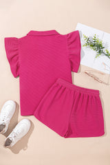 Strawberry Pink Striped Detail Flutter Sleeve Zipped Collar Short Set Short Sets JT's Designer Fashion