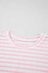 Pink Stripe Knitted Short Sleeve Top and Drawstring Shorts Set Short Sets JT's Designer Fashion